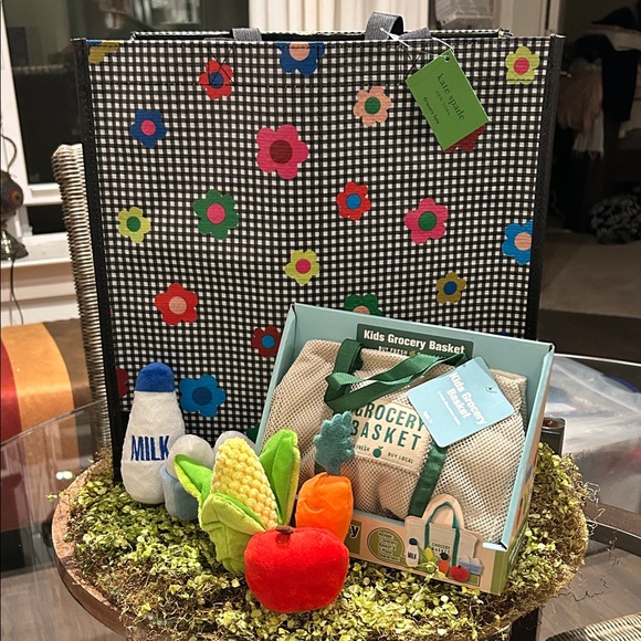 Kate Spade Gingham Garden Grocery Tote & Kids Grocery Basket with Fruits & Veges - Picture 1 of 11
